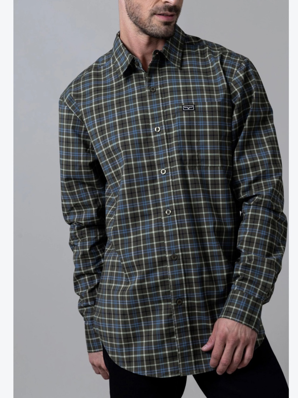 Kimes Ranch Shirt Mens XL Long Sleeve Coolmax Olive Green & Blue Plaid Button Up